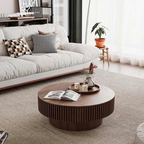 Miniatura 7 de Mesa de centro redonda con almacenamiento, moderna mesa de centro de madera con chapeado de madera maciza, mesa central circular mesa de té de 31.5