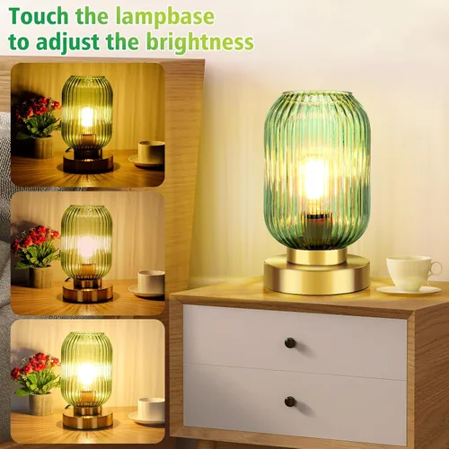 Miniatura 3 de Lámpara de mesa moderna de mediados de siglo, control táctil y regulable de 3 vías, pantalla de vidrio acanalado verde, dorado pequeño, lámpara