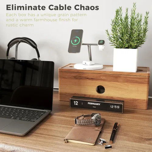 Miniatura 5 de Caja grande de madera de acacia para cables de alimentación, corrector de cable de perfil bajo para cables de piso y cables de extensión, protector