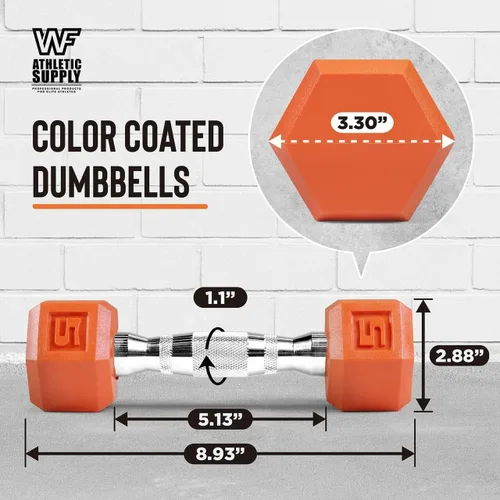 Miniatura 2 de WF Athletic Supply Mancuernas hexagonales con revestimiento de goma Black & COLOR con mango cromado contorneado, entrenamiento de cuerpo completo
