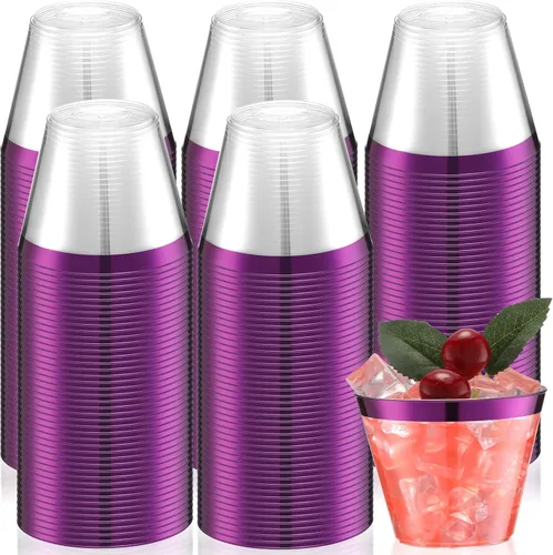 Miniatura 10 de Lounsweer 100 piezas de vasos de plástico con borde de 9 onzas, vasos de cóctel transparentes para boda, vasos de vino desechables resistentes