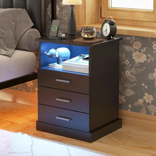 Miniatura 2 de Juego de 2 mesitas de noche negras con estación de carga, luces LED, mesa auxiliar con 3 cajones, mesa auxiliar moderna con tiras USB