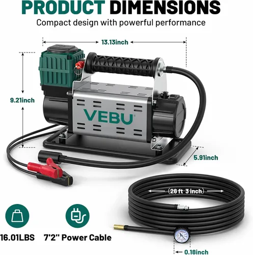 Miniatura 2 de Compresor de aire de 12 V, inflador de neumáticos de 125 PSI con medidor de presión en línea, inflado rápido de 5.65 CFM para vehículos todoterreno