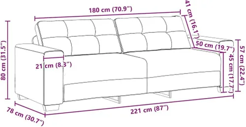Miniatura 3 de vidaXL Sofá de 3 plazas de terciopelo negro de 70.9 in, elegante sofá de sala de estar, sofá de terciopelo suave, diseño resistente, asiento