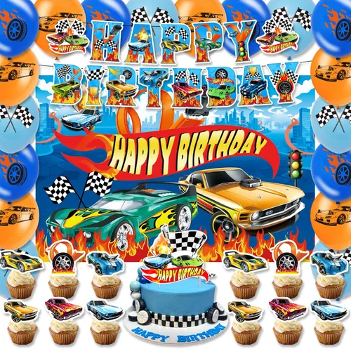 Paquete de 42 piezas de decoración de fiesta de autos con temática de autos, incluye pancarta, decoración de pastel, gota negra, globos de