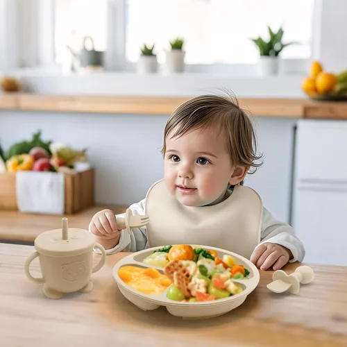 Miniatura 6 de Suministros de destete para bebés, juego de alimentación de silicona sin BPA de 8 piezas, tazón de succión de silicona, tenedores y cucharas, babero