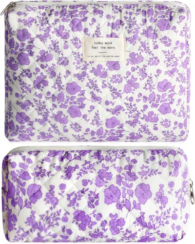 Miniatura 12 de 2 bolsas de maquillaje acolchadas de algodón para viaje, bolsa grande y pequeña para mujeres, bolsas de maquillaje de coqueta floral, bonita bolsa