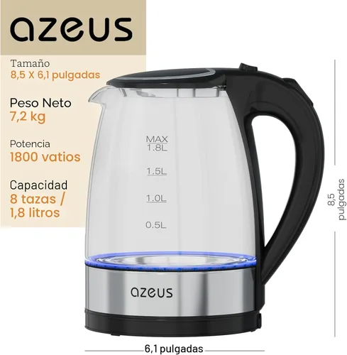 Miniatura 7 de AZEUS Hervidor Eléctrico de Agua de Ebullición Rápida, 1.8L de Gran Capacidad con Apagado Automático y Protección contra Ebullición en Seco, Vidrio