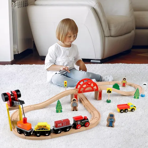 Miniatura 6 de Juego de trenes de madera Qilay para niños pequeños - 39 piezas de vías de tren de madera con grúa, puente y 5 trenes de madera - Juguetes de trenes
