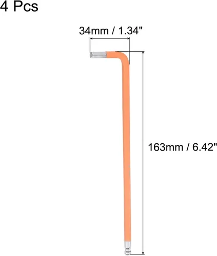 Miniatura 2 de uxcell Llave hexagonal de extremo de bola de 0.197 in, herramienta de reparación de acero S2 en forma de L con brazo largo, 4 piezas Naranja