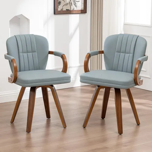 Miniatura 12 de Sillas de comedor giratorias de mediados de siglo, modernas sillas de cocina tapizadas de piel sintética negra con marco de madera curvada, sillas