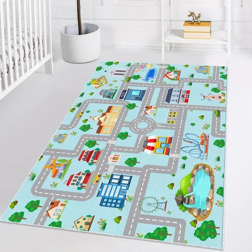Miniatura 7 de Alfombra de coche para niños, 2 pies 7 pulgadas x 4 pies, alfombra de juego para trenes de autos de juguete, alfombra antideslizante para pista