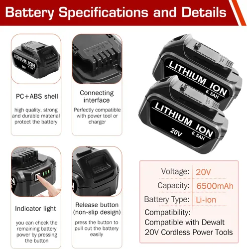 Miniatura 2 de Paquete de 2 baterías de repuesto de 20 V 6.5 Ah para batería Dewalt de 20 V DCB200 DCB201 DCB203 DCB204 DCB206, batería compatible con herramientas