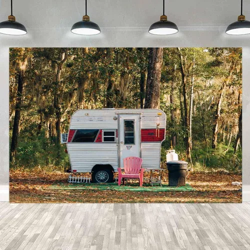 Miniatura 9 de Fondo de campamento para fiesta, campamento, 5 x 3 pies, bosque soleado, caravana, remolque, paisaje de naturaleza, fotografía de fondo, utilería