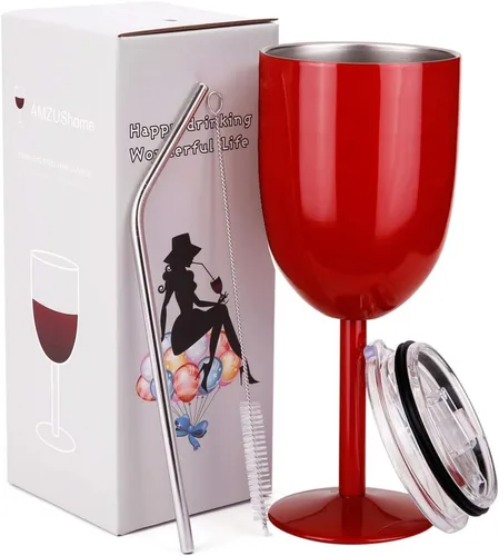 Miniatura 10 de AMZUShome Copas de vino de acero inoxidable (paquete de 2). Vaso de vino de doble pared aislado al vacío con tapa y pajita. Amistad, Navidad, Oro