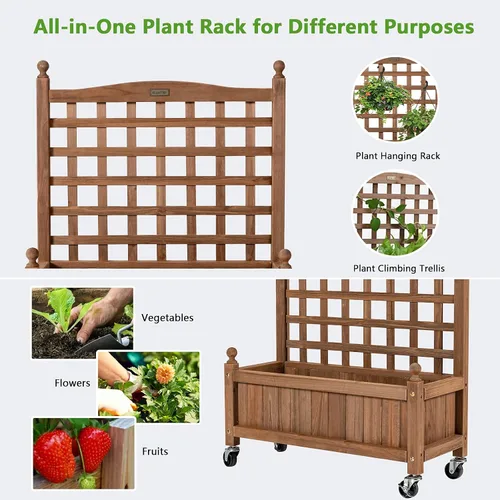 Miniatura 3 de Giantex Cama elevada móvil para plantas, maceta de madera con enrejado y ruedas, caja de flores para escalada de plantas, jardín vertical