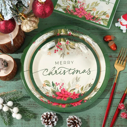 Miniatura 3 de Whaline Juego de 24 platos de papel de acebo de Navidad, tazas, servilletas, decoraciones de fiesta, nochebuena, muérdago, platos desechables, juego