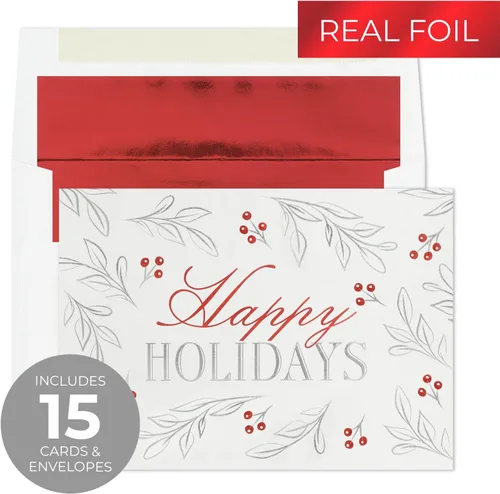 Miniatura 2 de Masterpiece - Tarjetas navideñas plateadas y rojas, juego de 15 tarjetas de Navidad en caja con detalles de aluminio y sobres a juego, tarjetas