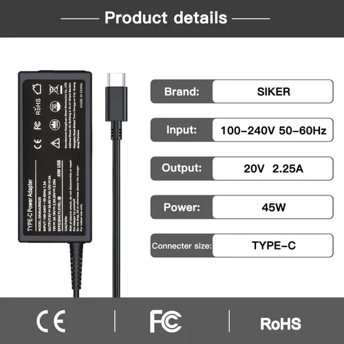 Miniatura 3 de SiKER Cargador USB C Chromebook de 45 W compatible con HP Chromebook x360 14 11 G5 G6 G8 EE 14-ca051wm, Lenovo ThinkPad T480 c330 100e 300e, Dell