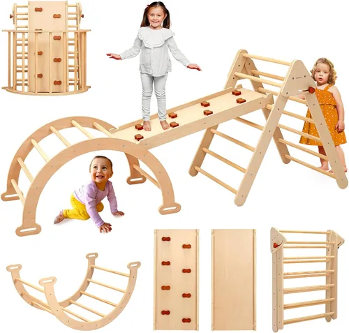 PairPear Pikler - Juego de escalada triangular plegable para niños, 7 en 1, Montessori, grandes juguetes de escalada de madera, gimnasio de selva