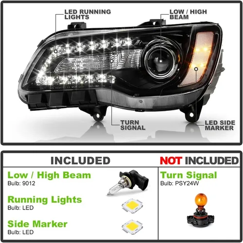 Miniatura 2 de ACANII - Faros delanteros para Chrysler 300 2011-2023 con proyector LED tipo halógeno DRL negro, juego de faros izquierdo + derecho