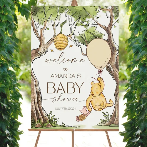 Miniatura 13 de Letrero personalizado para baby shower de oso Pooh, diseño clásico de vegetación personalizada, letrero de bienvenida para patio de baby shower