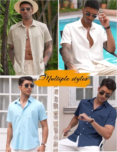 Miniatura 4 de COOFANDY Camisas casuales de lino de manga corta con botones para hombre