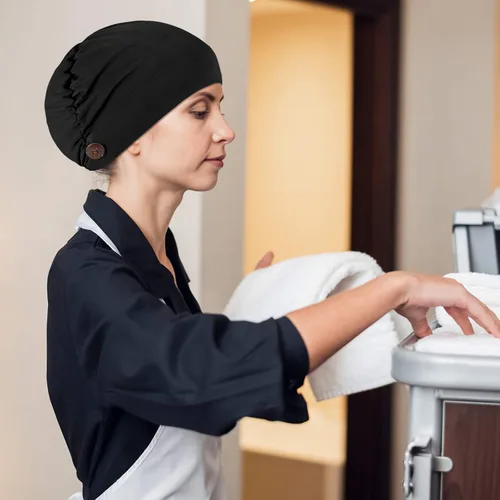 Miniatura 6 de Geyoga Gorras Bouffant con botones, unisex, elástica, turbante con botones para mujer, 3 piezas, Negro, Talla única