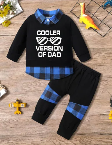 Miniatura 4 de Conjunto de 2 piezas de ropa para niños pequeños, camisa a cuadros con estampado de letras y pantalones largos, 2 piezas para otoño e invierno