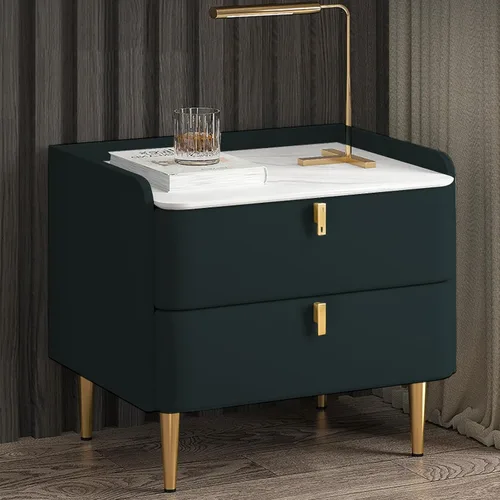 Miniatura 8 de WOLWES Mesita de noche, mesa auxiliar con almacenamiento, mesita de noche de madera maciza con 2 cajones, parte superior de mármol sintético