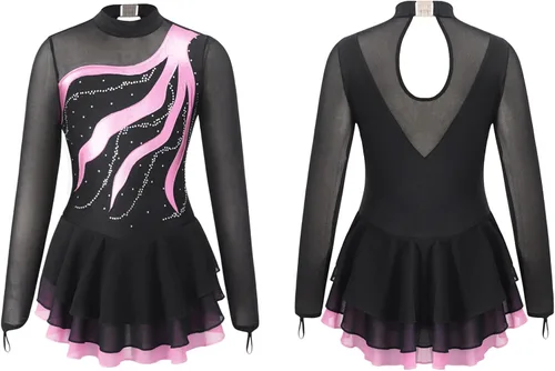 Miniatura 20 de Loyan Vestido de patinaje artístico brillante para niñas y niñas, de malla, de manga larga, patinaje sobre ruedas, competición de baile