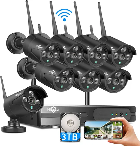 Hiseeu Sistema de cámara de seguridad inalámbrica, 16CH NVR 5MP cámaras WiFi para exteriores, kit de 8 cámaras, sistema de seguridad para el hogar
