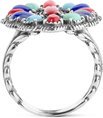 Miniatura 5 de Anillo de plata de ley American West con diseño de racimo de lapislázuli azul, turquesa y coral rojo, talla 5 a 10
