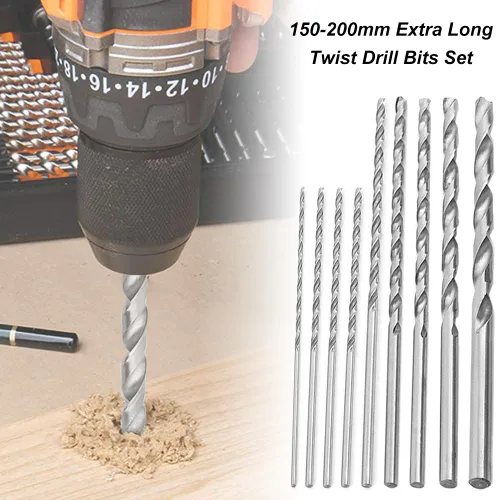 Miniatura 7 de Juego de 8 brocas helicoidales de 7.874 in extra largas HSS Twist Bits redondos rectos, herramientas de trabajo de madera para madera, plástico