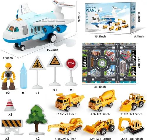 Miniatura 5 de Avión de carga de transporte, juego de juguetes de avión temáticos grandes, juego de vehículos de juguete educativo con sonido y luz de humo, avión