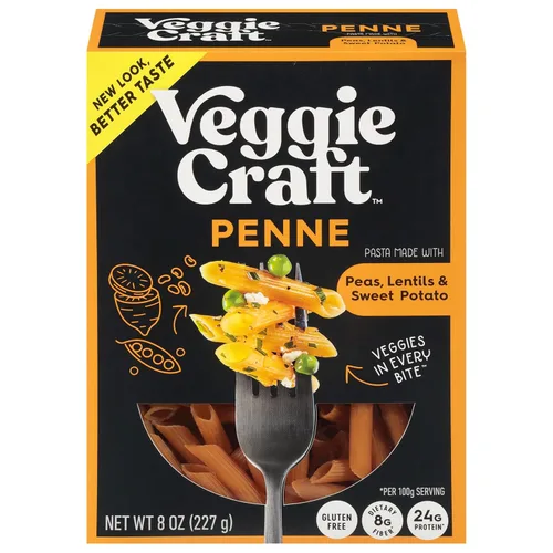 Veggiecraft Farms Penne Pasta - Pasta baja en carbohidratos, alta en proteínas, hecha con batata, lentejas y guisantes, sin gluten, fideos de pasta