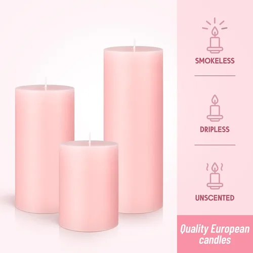 Miniatura 6 de Sumind Juego de 12 velas de pilar a granel de 3 x 4 pulgadas, 6 pulgadas, 8 pulgadas, sin goteo, sin perfume, velas largas y limpias para bodas, Rosa