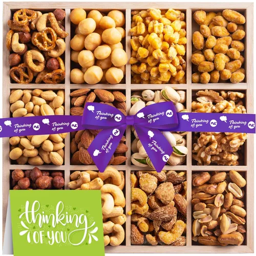 Miniatura 9 de NUT CRAVINGS - Cesta de regalo de nueces mixtas en bandeja de madera de diamante reutilizable + cinta verde (12 surtidos) golosinas para adultos