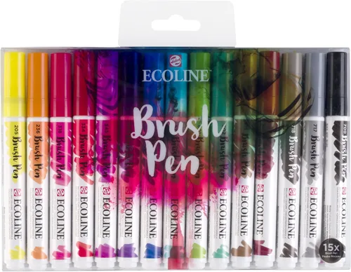 Ecoline Juego de 15 bolígrafos de acuarela líquida - Colores básicos | Marcadores de pincel mezclables para letras a mano, dibujo y manualidades