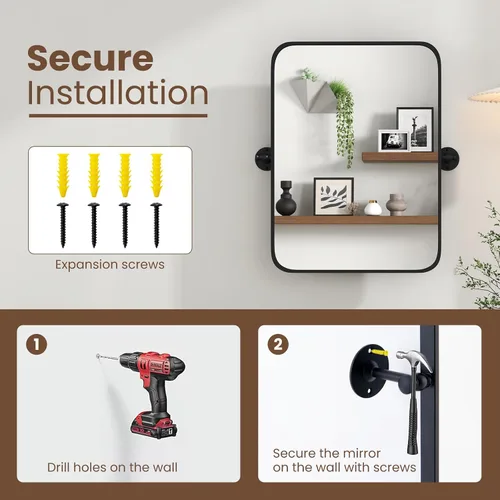 Miniatura 4 de Tangkula Espejo pivote de 30 x 22 pulgadas, espejo de baño inclinable con película inastillable, soportes de pared, espejo enmarcado para montaje