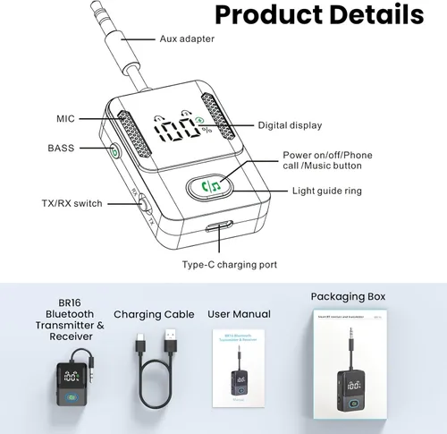 Miniatura 8 de Receptor transmisor Bluetooth para avión, televisores, 2 en 1, adaptador inalámbrico Bluetooth 5.3 compatible con 2 auriculares, teléfonos