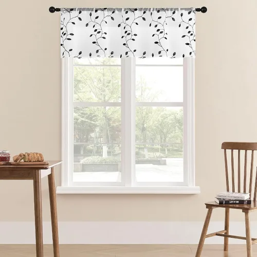 Miniatura 12 de MRTREES Cenefa de cortina transparente de Navidad, 2 paneles de cortinas bordadas con hojas pequeñas de 54 x 16 pulgadas, bolsillo para barra