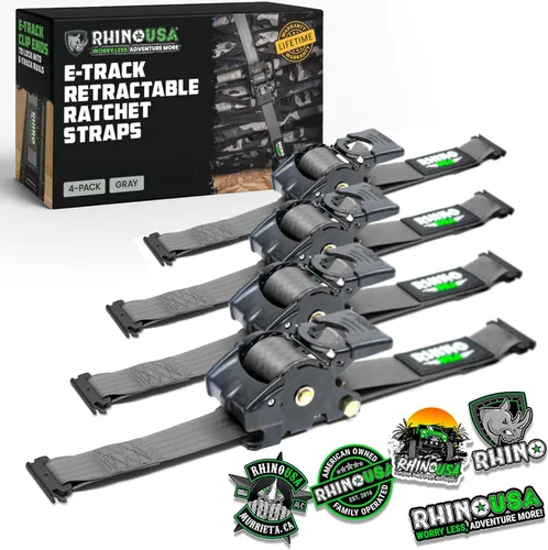 Miniatura 15 de Rhino USA Correas de trinquete retráctiles E-Track de 2 x 10 pies: resistencia máxima a la rotura de 3033 libras Compatible solo con sistemas