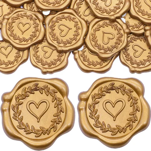 Miniatura 8 de SWANGSA 50 calcomanías de sello de cera con texto en inglés "Be Our Gues", color dorado antiguo, autoadhesivas, para invitaciones de boda, sobres