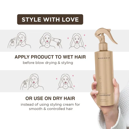 Miniatura 6 de MOEHAIR Spray acondicionador sin enjuague para cabello encrespado Fórmula desenredante e hidratante infundida con proteínas Añade brillo Sin