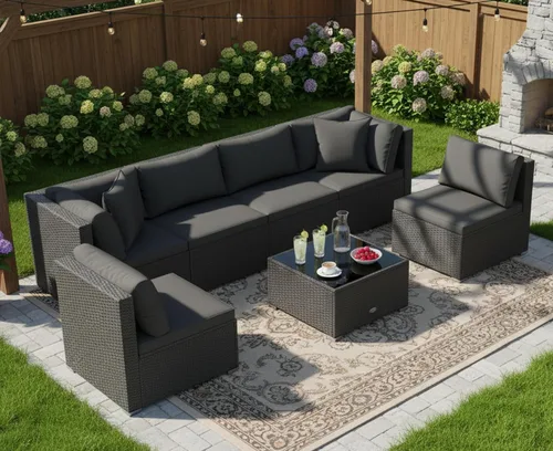 Miniatura 30 de Tangkula Juego de muebles de mimbre de patio de 7 piezas, juego de sofá modular de ratán para 6 personas con cojines de asiento y respaldo, 2 Azul