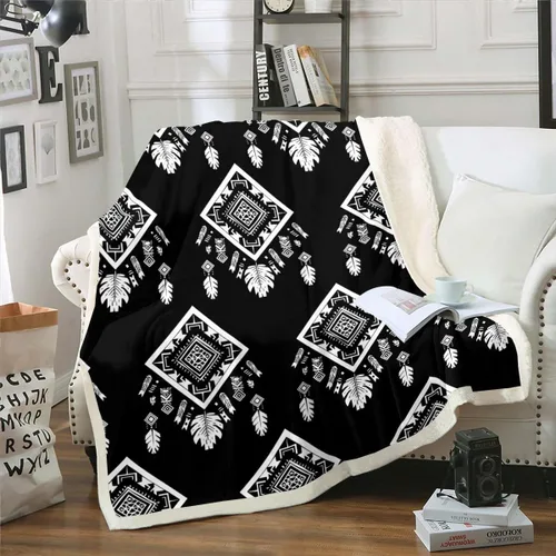 Miniatura 22 de Manta Decorativa Tribal Boho Azteca para Hombres y Mujeres, Manta de Vellón Étnica Bohemia Negro y Blanco de 50"X60", Manta Sherpa del Suroeste