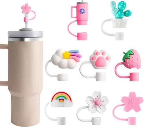 Miniatura 9 de 8 piezas de cubiertas de pajita con forma de animales, tapa de silicona para popote para vaso Stanley de 30 y 40 oz, lindas tapas de pajita