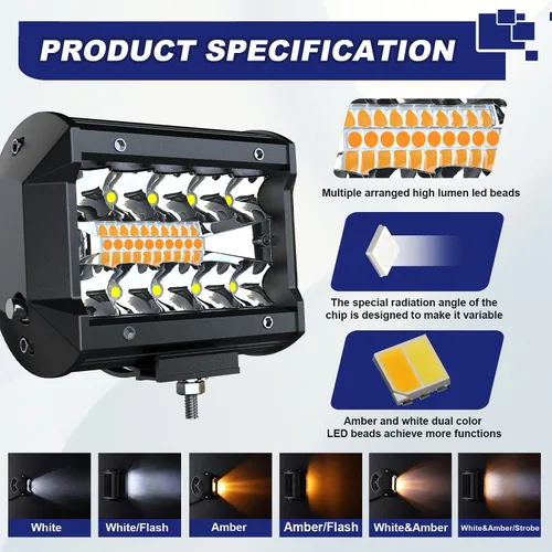 Miniatura 3 de ASLONG 4 unidades de luces LED estroboscópicas de 4 pulgadas, blanco/amarillo ámbar, barra de luz LED antiniebla de conducción con abrazadera