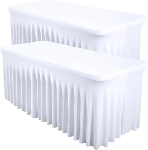Miniatura 40 de Paquete de 2 manteles color azul bebé para mesa rectangular de 4 pies, manteles de elastano elásticos de 4 pies, falda blanca rectangular para baby